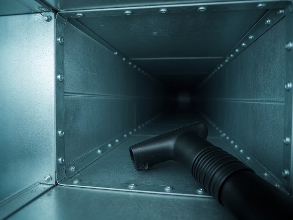 Inside a metal air duct with a cleaning hose